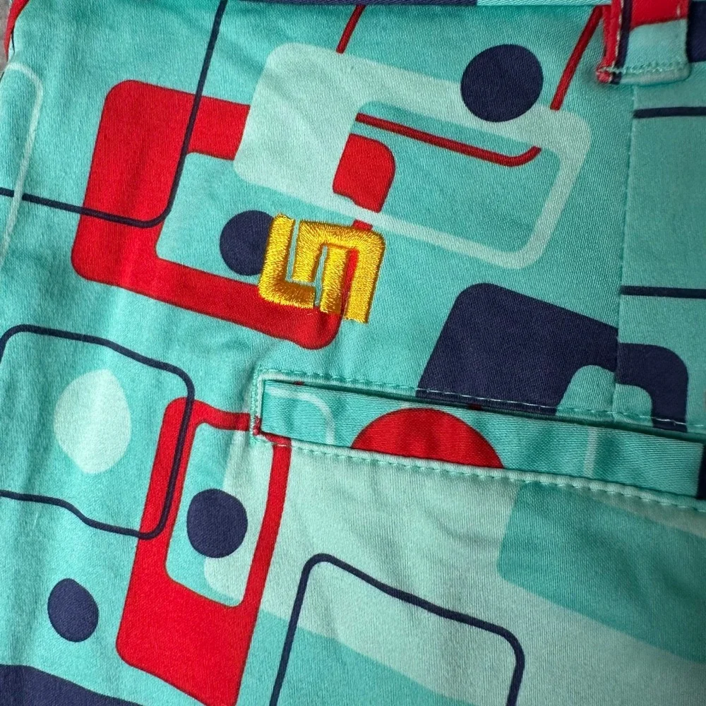Loudmouth Golf Mens 40 Shorts Teal Blue Retro Geometric Mid Century Modern Print